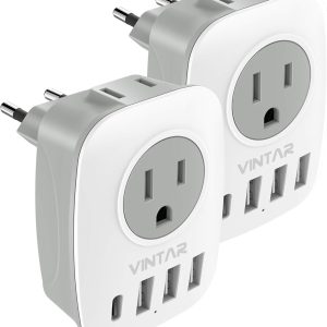 2 Pack European Travel Plug Adapter, VINTAR International Power Plug Adapter with 1 USB C, 2 American Outlets and 3 USB Ports, 6 in 1 Travel Essentials to Most of Europe Greece, Italy(Type C)
