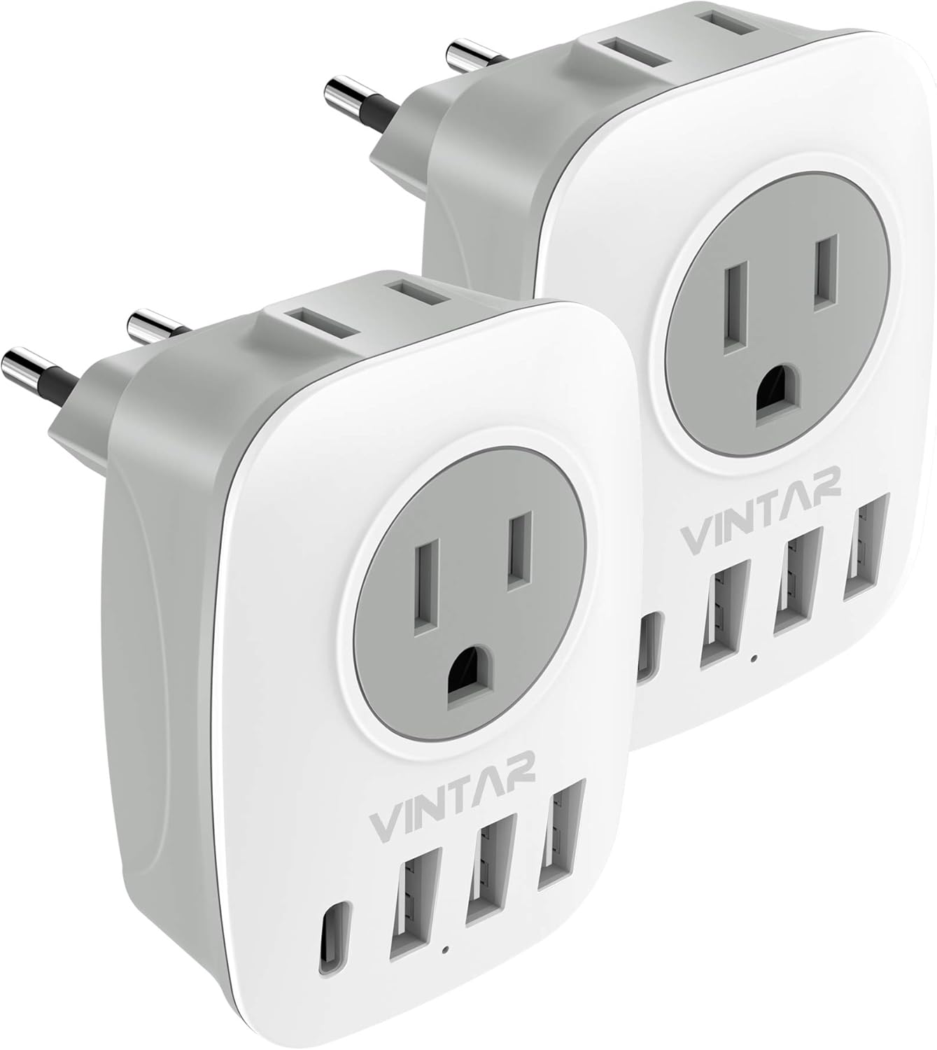 2 Pack European Travel Plug Adapter, VINTAR International Power Plug Adapter with 1 USB C, 2 American Outlets and 3 USB Ports, 6 in 1 Travel Essentials to Most of Europe Greece, Italy(Type C)