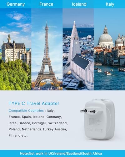 2 Pack European Travel Plug Adapter, VINTAR International Power Plug Adapter with 1 USB C, 2 American Outlets and 3 USB Ports, 6 in 1 Travel Essentials to Most of Europe Greece, Italy(Type C) - Image 3