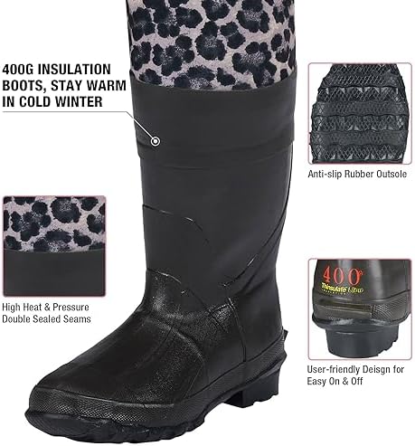 HISEA Womens Chest Waders, 4.5mm Neoprene Leopard Hunting Wader for Women with Insulated Boots, Waterproof Fishing Waders - Image 4