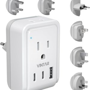 Universal Travel Adapter Kit, VINTAR International Plug Adapter with 3 USB Ports(2 USB C, 3.4A) and 2 American Outlets, Type A,C,G,D,I,M Detachable Attachments, Adapter for US/EU/UK/India/AUS/Africa